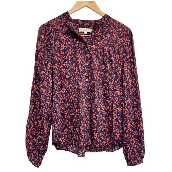 LOFT Blouse Long Sleeve Floral Print Size Medium Blue/Coral Button Down Casual - Picture 1 of 6
